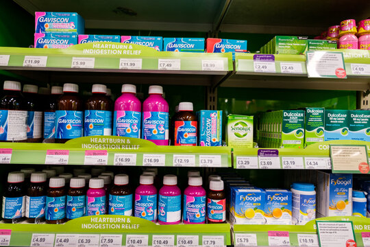 Selection Of Over-The-Counter Heartburn And Indigestion Tablets And Liquid Remedies