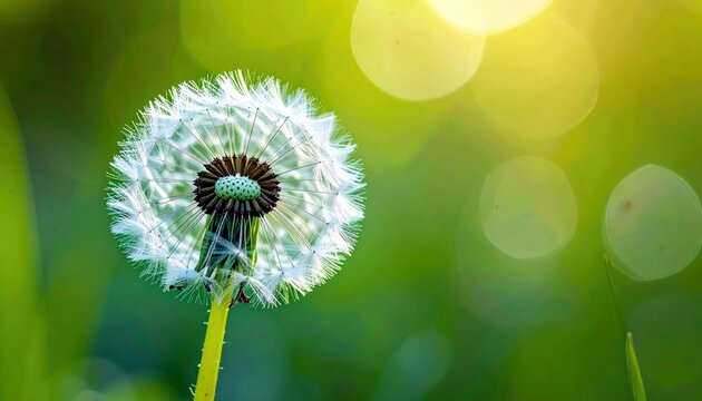 A detailed macro shot of a white dandelion seed head stands out against a blurred green background with warm yellow sun flares.