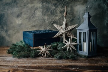 Star-shaped wooden hanging ornaments and green pine branches in dark blue box for ice skating theme, vintage style with grey lantern on wooden floor, ideal for studio backdrop.