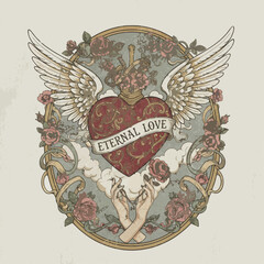Naklejka premium Valentine's heart with wings, a romantic vintage-style t-shirt design.svg