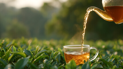 Hot tea beverage in clear cup herb on wooden table and blurred natural beautiful background.  