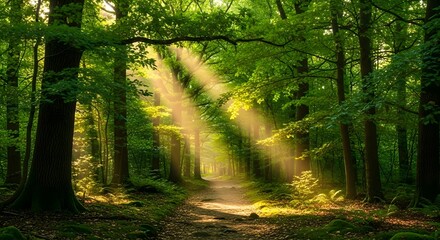 Fototapeta premium Sunlight streaming through the trees onto a forest path