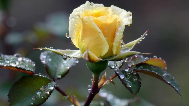 Un capullo de rosa amarilla emerge delicadamente entre hojas cubiertas de gotas de roc&iacute;o. El agua resalta la textura suave de los p&eacute;talos y el filo rojizo de las espinas, creando un contraste precioso