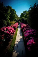 Overhead view of a Japanese garden path lined with blooming azaleas in various shades of purple and pink. Overhead drone shot looking down on a winding garden path made of grey stone, completely lined
