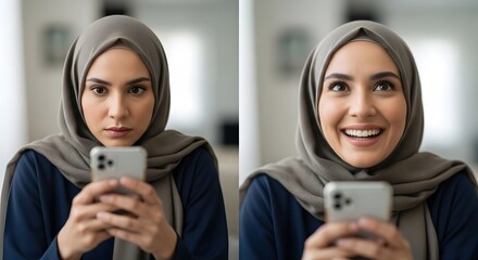 A young woman wearing a hijab and casual clothing is looking at her smartphone with a focused expression in the first image and smiling happily in the second image, set in an indoor environment