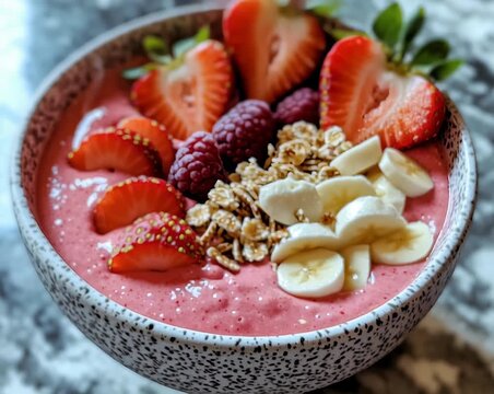 Un bol de smoothie rosa cremoso decorado con fresas frescas, pl&aacute;tano en rodajas, frambuesas y un toque de granola, capturado de cerca mientras una cuchara recoge una porci&oacute;n.