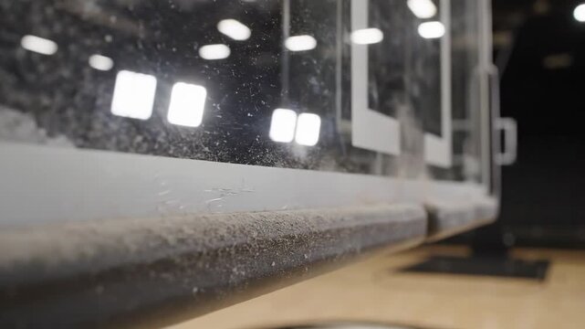 Close-up of a dusty basketball backboard in a sports hall with lights reflecting inside