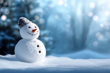 Frosty snowman in winter wonderland with snow and pine trees
