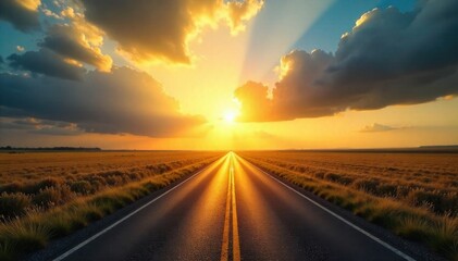 Sunbeams piercing through clouds at a rural crossroads A rural crossroads with golden sunbeams piercing through dramatic clouds and illuminating the asphalt intersection. No people, no text, no