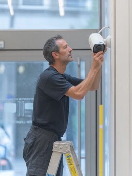 Security Installation: A skilled technician diligently installs a security camera near an entrance. Emphasizing safety, protection, and modern surveillance, safeguarding property