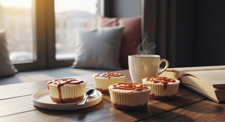 Four individual cheesecakes drizzled with caramel sauce, arranged on a wooden table near a steaming cup of coffee and an open book
