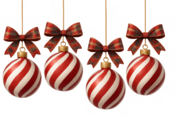 Christmas ornaments hanging, red and white striped baubles with plaid bows, festive holiday decoration