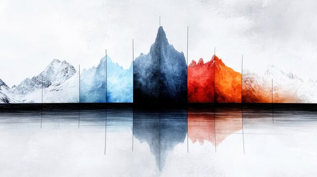 A panoramic view of a mountain range, transitioning through a spectrum of colors from icy white and blue to fiery red and orange, with a mirrored reflection bel