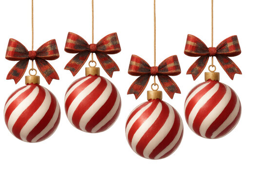 Christmas ornaments hanging, red and white striped baubles with plaid bows, festive holiday decoration - Powered by Adobe