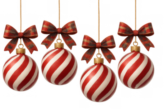 Christmas ornaments hanging, red and white striped baubles with plaid bows, festive holiday decoration