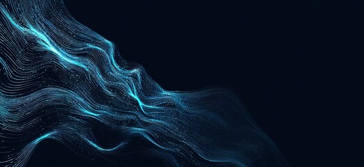 Blue Abstract Fluid Waves on Dark Background. It shows a futuristic, dynamic element, ideal for tech,and creative themes. Great for tech presentations, digital design projects, and artistic backdrops.