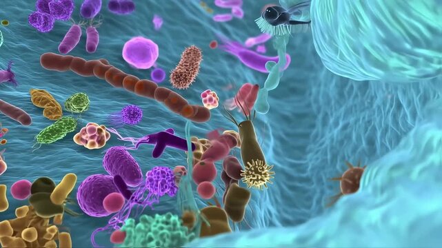 Microscopic world animation featuring diverse types of bacteria and microbes