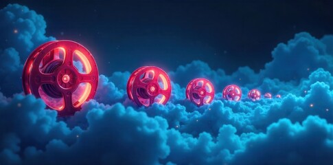Digital Cinema Cloud Upload Abstract representation of film reels transforming into digital data streams entering a cloud. Abstract digital art stylized film reels dissolving into glowing blue data