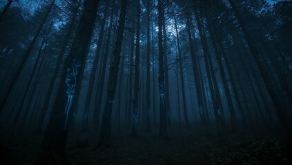 Fototapeta premium Enigmatic Forest Scene with Ethereal Glow in Foggy Atmosphere