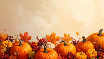 Generated image. Autumn decor from pumpkins, berries and leaves. Background of Thanksgiving day