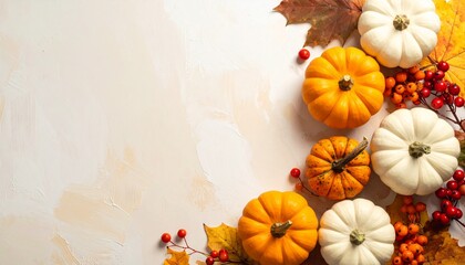 Generated image. Autumn decor from pumpkins, berries and leaves. Background of Thanksgiving day