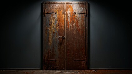 Rusty Metal Door in Dimly Lit Abandoned Space with Dark Shadows