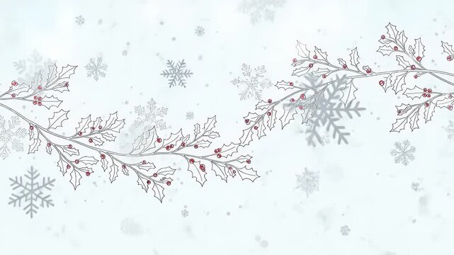 An elegantly animated winter background featuring hand-drawn style holly branches adorned with vibrant red berries, set against a pristine white backdrop. Gently falling stylized snowflakes in varying