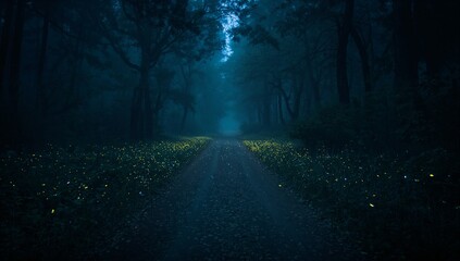 Fototapeta premium Enchanted Pathway Through a Dark Forest with Glowing Fireflies at Night