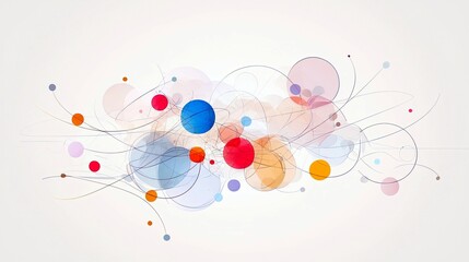 A dynamic abstract composition featuring interconnected circles of various sizes and colors, linked by thin, flowing lines, suggesting a network or data flow.