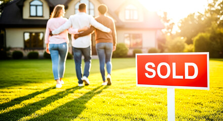 A family of three walks away from their newly sold house, with a red 'SOLD' sign in the grassy lawn.
