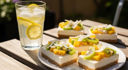 Refreshing glass of lemonade with ice and lemon slices next to a plate of mini cheesecakes topped with kiwi and mango, ideal for a hot summer day