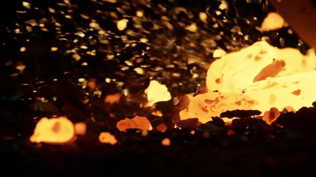 Hot molten metal with sparks being processed by industrial blacksmith tool.
