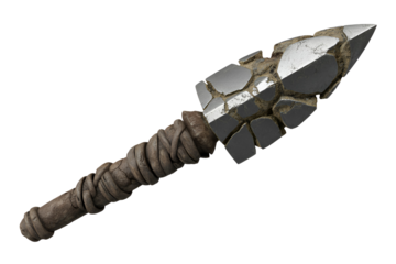 Ancient stone spearhead with rough wooden handle isolated on transparent background