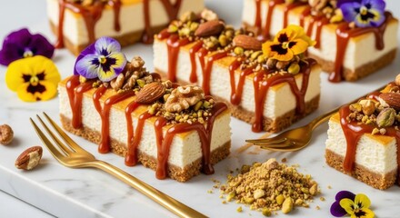 Decadent mini cheesecakes drizzled with caramel sauce, topped with nuts and edible flowers, served with gold forks and crushed pistachios on a marble surface