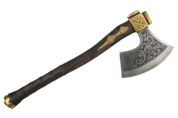 Ornate viking battle axe with intricate carvings isolated on transparent background