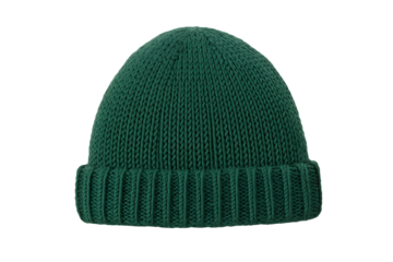 Dark green knitted beanie hat isolated on transparent background