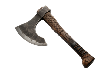 Antique viking battle axe with weathered wooden handle isolated on transparent background