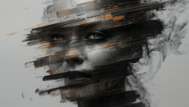 Abstract portrait with fragmented layers and artistic brush strokes - Powered by Adobe