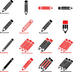 Collection of black and red pencil icons for design and illustration purposes