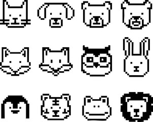Set of cute animal face icons designed in a retro pixel art style. Collection of 8-bit character heads for vintage video game or digital projects