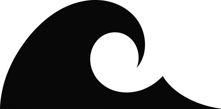 Abstract minimalist black ocean wave illustration on a clean white background, capturing the powerful motion and dynamic curve of water in a simple, iconic design element, ideal for nautical themes