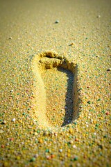 Footprint in colorful, exotic sand, showcasing unique mineral composition and vibrant hues. Tropical, unusual, and detailed. A sharp, detailed close up of a footprint pressed into brightly colored,