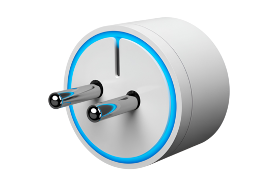 White smart plug with blue led ring isolated on transparent background