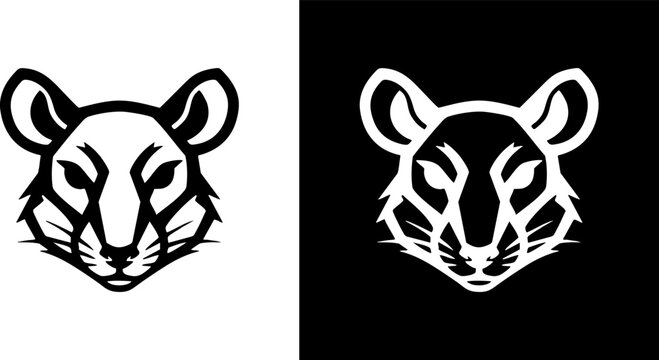 Bold minimalist rat head logo in black and white, a sleek vector illustration perfect for modern branding or as a distinctive graphic emblem. Conveys intelligence and agility