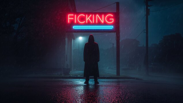 Mysterious Figure Under Neon Sign in Rainy Night Setting
