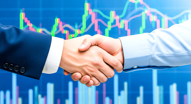 Two people shaking hands in front of a stock market chart, symbolizing a business deal or financial collaboration.