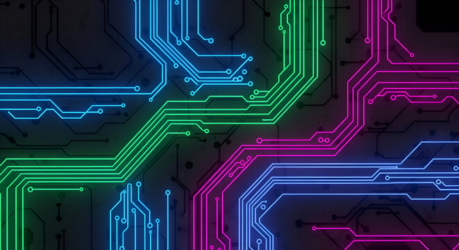 Futuristic circuit board design with vibrant neon colors for modern tech projects or digital backgrounds, bringing an energetic and innovative feel to your brand