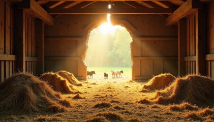 Ancient Stable Scene with Natural Light and Symbolic Objects An ancient, rustic stable interior bathed in soft, warm, ethereal dawn light filtering through cracks in the wooden walls and roof. Piles
