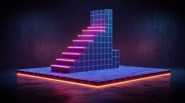 Abstract Ascending Staircase Made of Cubes with Neon Lighting Effect on Dark Textured Background