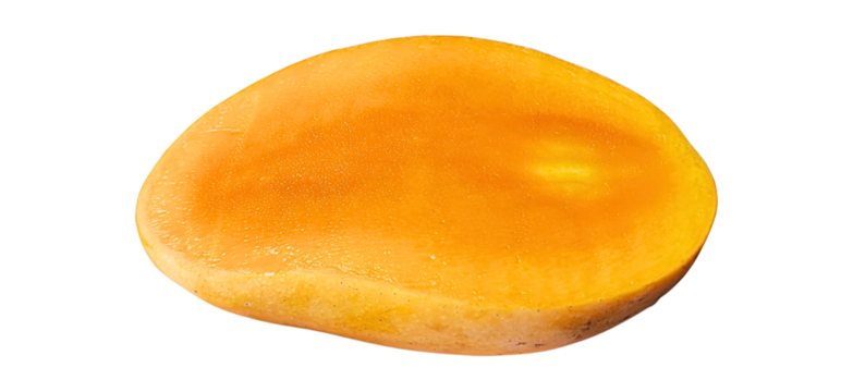 Photo of a ripe mango sliced into a half piece with vibrant yellow flesh on a transparent background, perfect for culinary design, food elements, and modern digital graphics